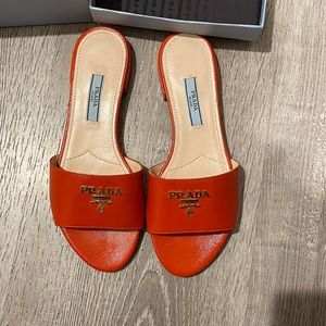 Prada Calfskin Logo Flat Slide Sandals
